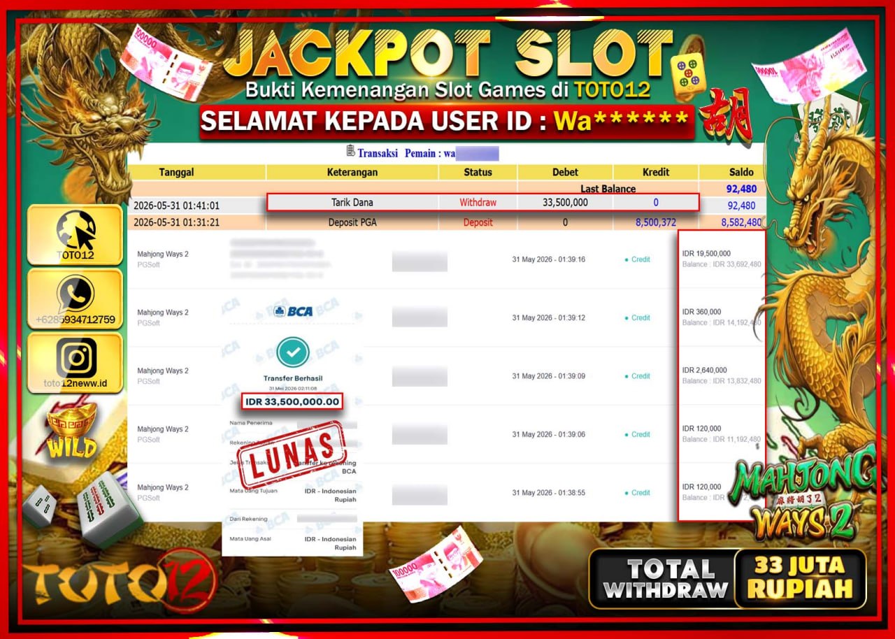 HANYA DI TOTO12 JP PASTI DI BAYAR LUNAS DAN CEPAT!!!!!! JACKPOT SLOT GAME (MAHJONG WAYS 2) Rp33.500.000!!!!