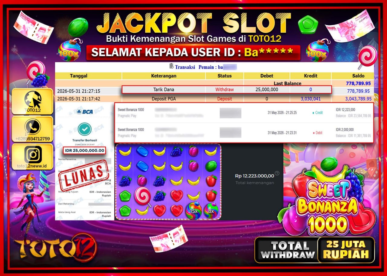 HANYA DI TOTO12 JP PASTI DI BAYAR LUNAS DAN CEPAT!!!!!! JACKPOT SLOT GAME (SWEET BONANZA 1000) Rp25.000.000!!!!