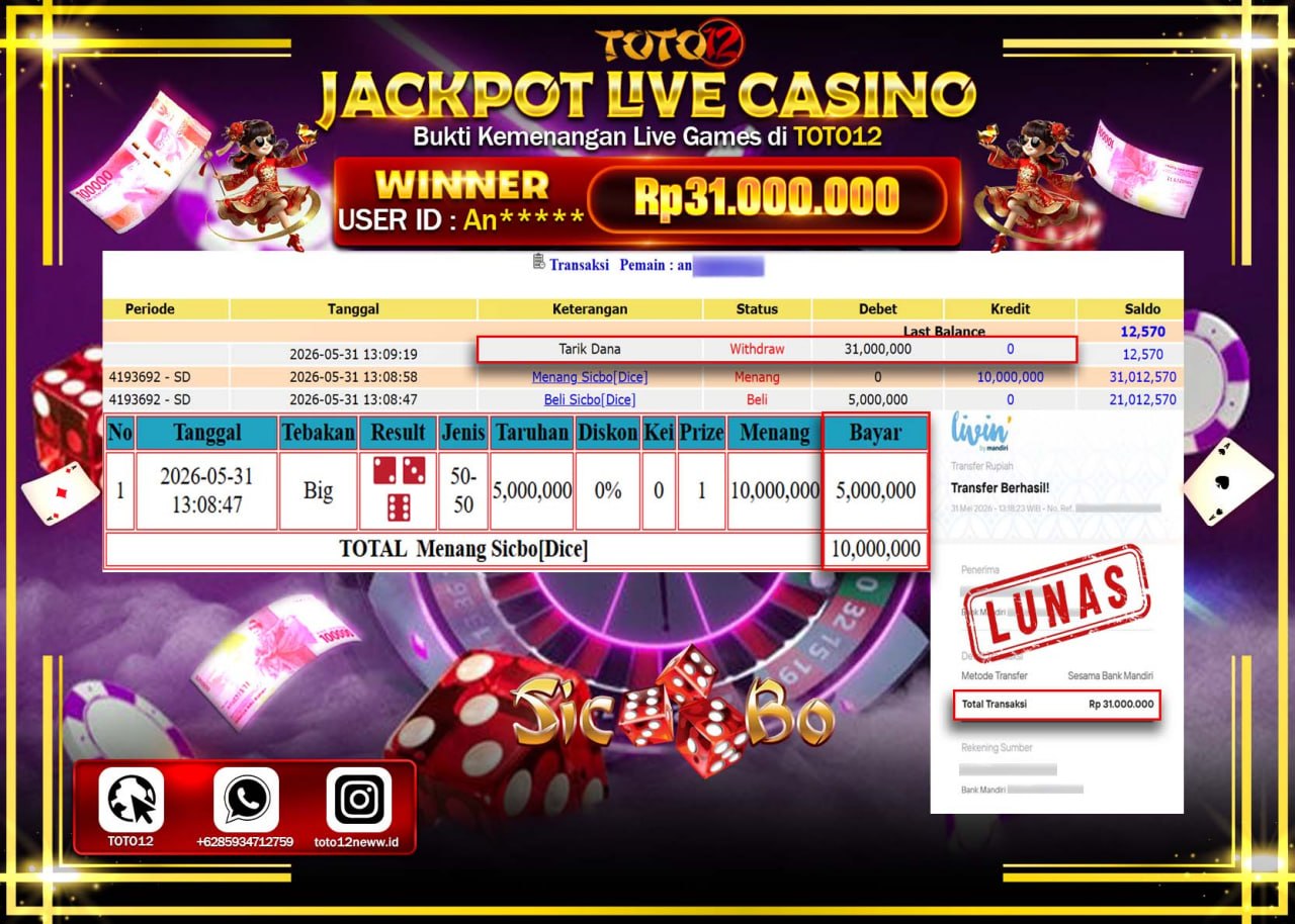 HANYA DI TOTO12 JP PASTI DI BAYAR LUNAS DAN CEPAT!!!!!! JACKPOT  LIVE GAME CASINO (SICBO DICE) Rp31.000.000!!!!