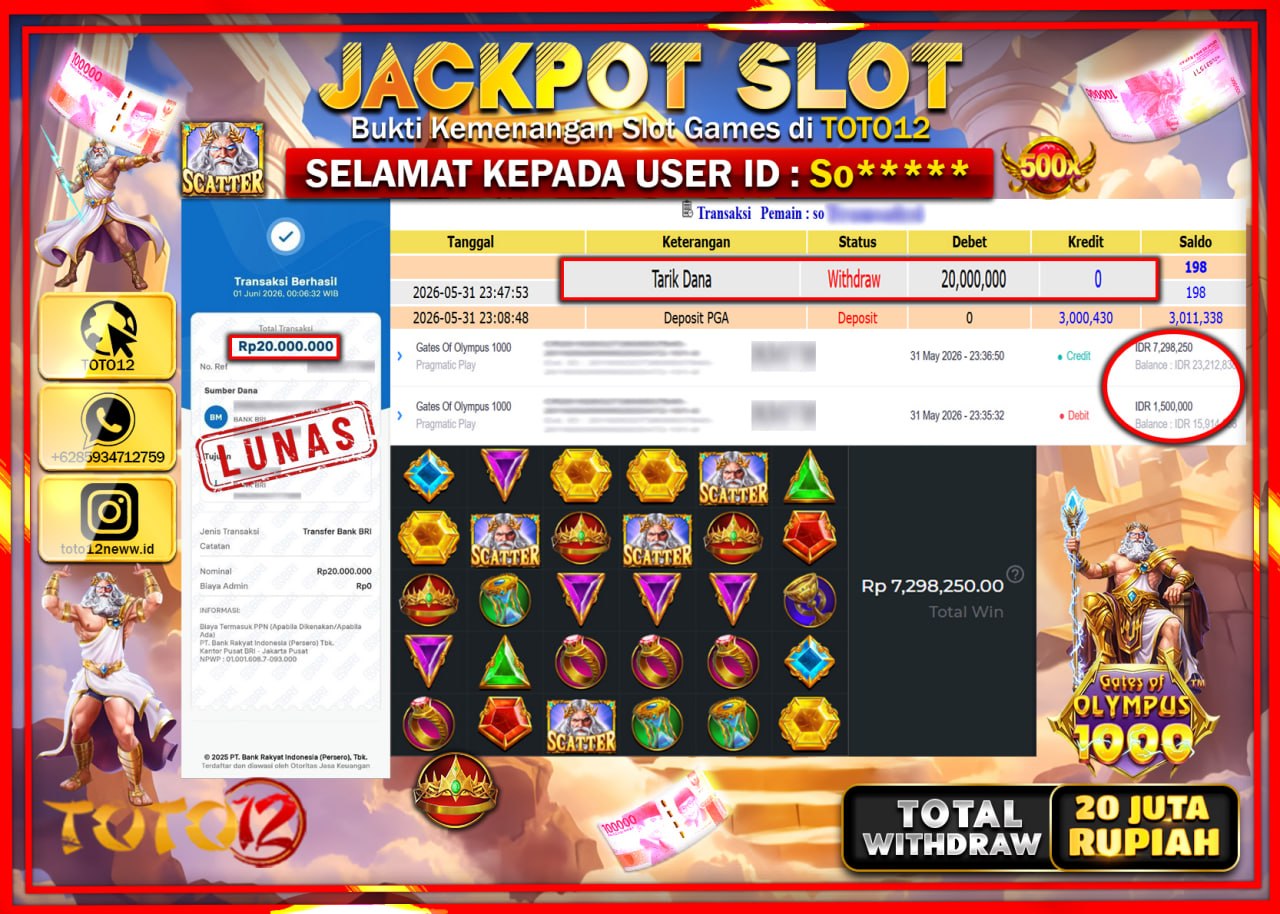 HANYA DI TOTO12 JP PASTI DI BAYAR LUNAS DAN CEPAT!!!!!! JACKPOT SLOT GAME (GATES OF OLYMPUS 1000) Rp20.000.000!!!!