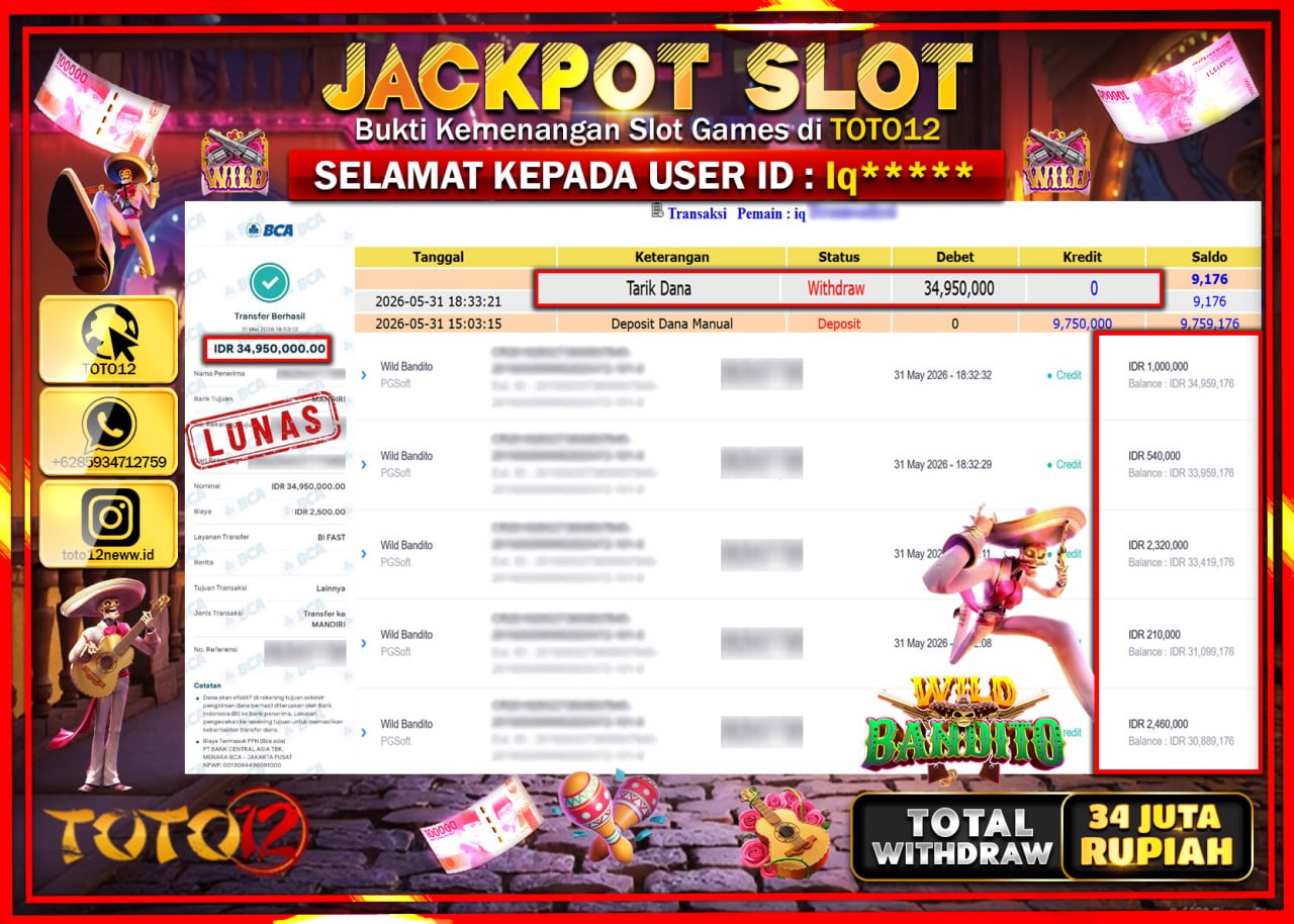 HANYA DI TOTO12 JP PASTI DI BAYAR LUNAS DAN CEPAT!!!!!! JACKPOT SLOT GAME (WILD BANDITO) Rp34.950.000!!!!