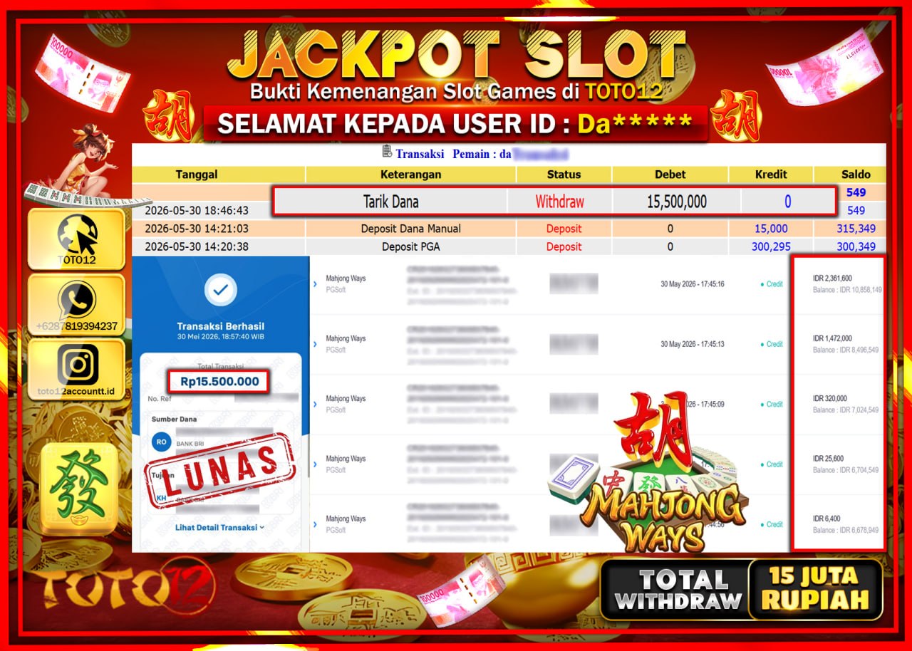 HANYA DI TOTO12 JP PASTI DI BAYAR LUNAS DAN CEPAT!!!!!! JACKPOT SLOT GAME (MAHJONG WAYS) Rp15.500.000!!!!