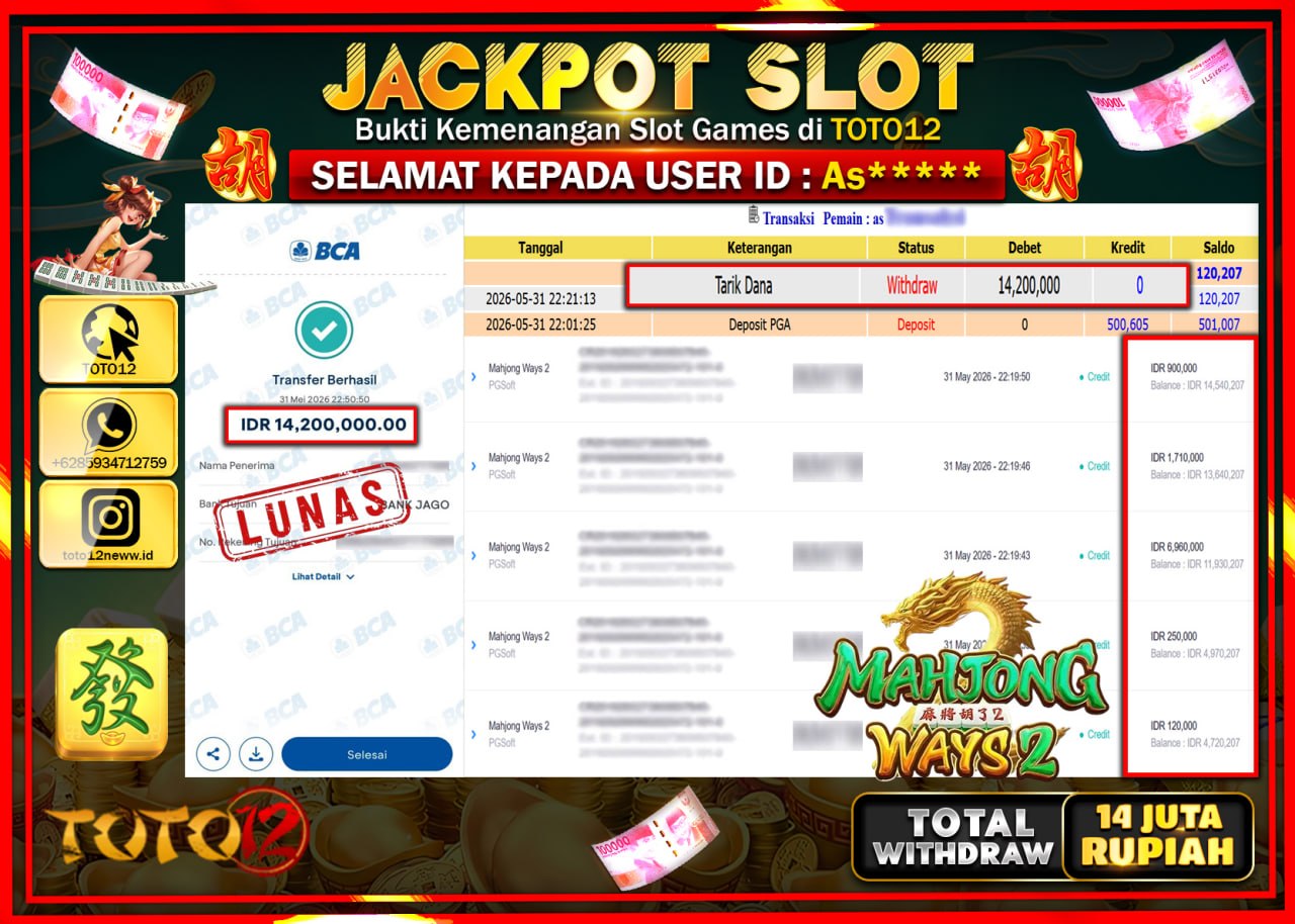 HANYA DI TOTO12 JP PASTI DI BAYAR LUNAS DAN CEPAT!!!!!! JACKPOT SLOT GAME (MAHJONG WAYS 2) Rp14.200.000!!!!