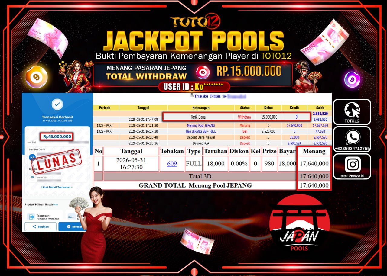 HANYA DI TOTO12 JP PASTI DI BAYAR LUNAS DAN CEPAT!!!!!! JACKPOT POOLS PASARAN (JEPANG) Rp15.000.000!!!!