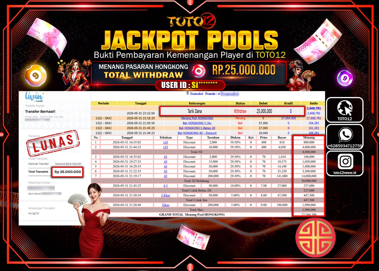 HANYA DI TOTO12 JP PASTI DI BAYAR LUNAS DAN CEPAT!!!!!! JACKPOT POOLS PASARAN (HONGKONG) Rp25.000.000!!!!