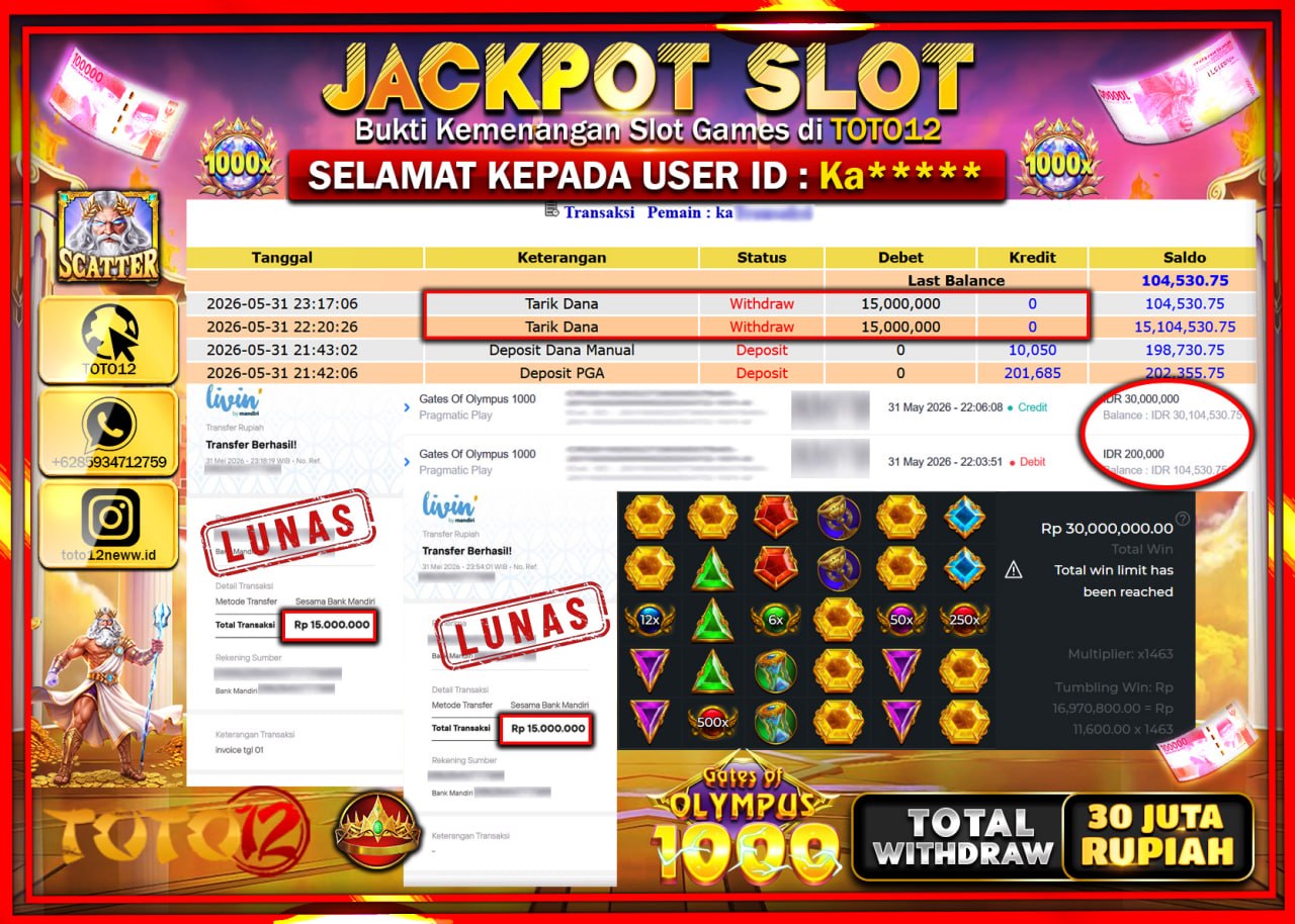 HANYA DI TOTO12 JP PASTI DI BAYAR LUNAS DAN CEPAT!!!!!! JACKPOT SLOT GAME (GATES OF OLYMPUS) Rp30.000.000!!!!