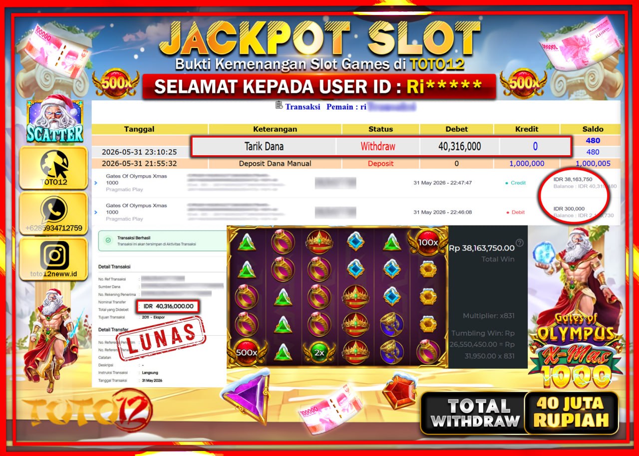 HANYA DI TOTO12 JP PASTI DI BAYAR LUNAS DAN CEPAT!!!!!! JACKPOT SLOT GAME (GATES OF OLYMPUS XMAX 1000) Rp40.316.000!!!!