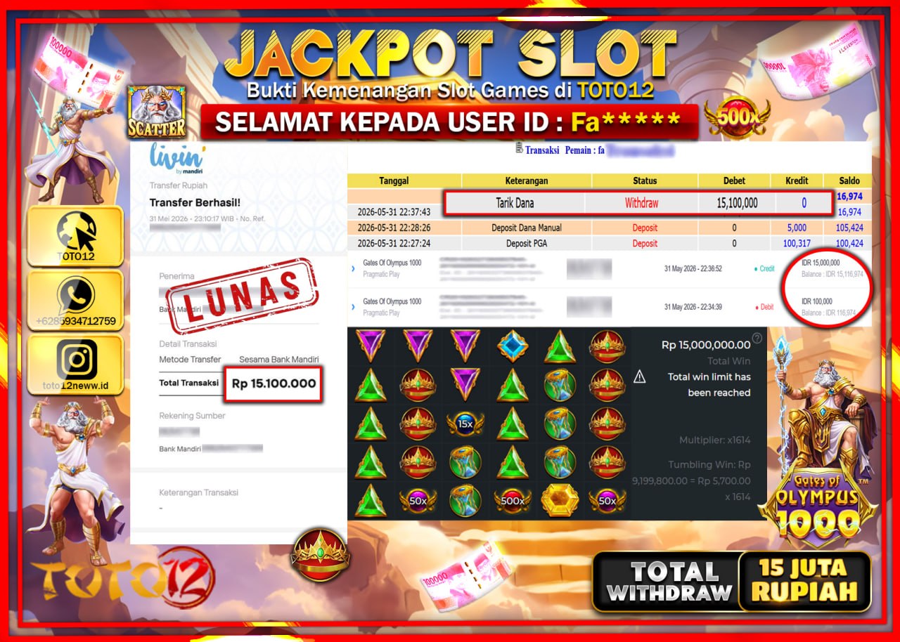 HANYA DI TOTO12 JP PASTI DI BAYAR LUNAS DAN CEPAT!!!!!! JACKPOT SLOT GAME (GATES OF OLYMPUS 1000) Rp15.100.000!!!!