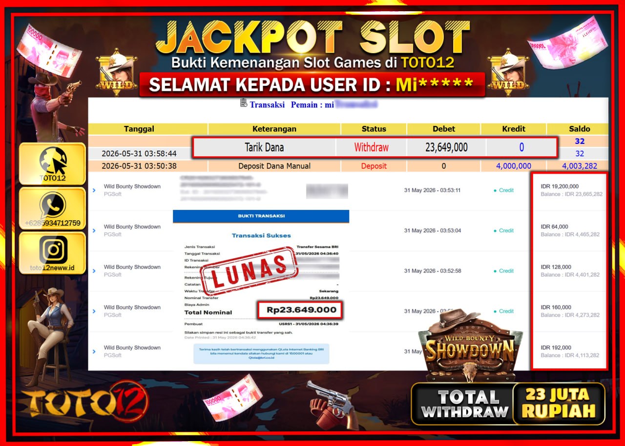 HANYA DI TOTO12 JP PASTI DI BAYAR LUNAS DAN CEPAT!!!!!! JACKPOT SLOT GAME (WILD BOUNTY SHOWDOWN) Rp23.649.000!!!!