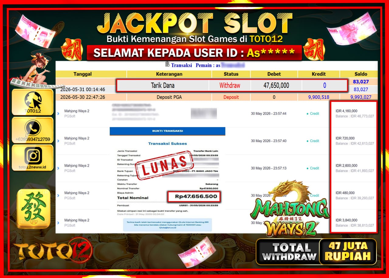 HANYA DI TOTO12 JP PASTI DI BAYAR LUNAS DAN CEPAT!!!!!! JACKPOT SLOT GAME (MAHJONG WAYS 2) Rp47.650.000!!!!