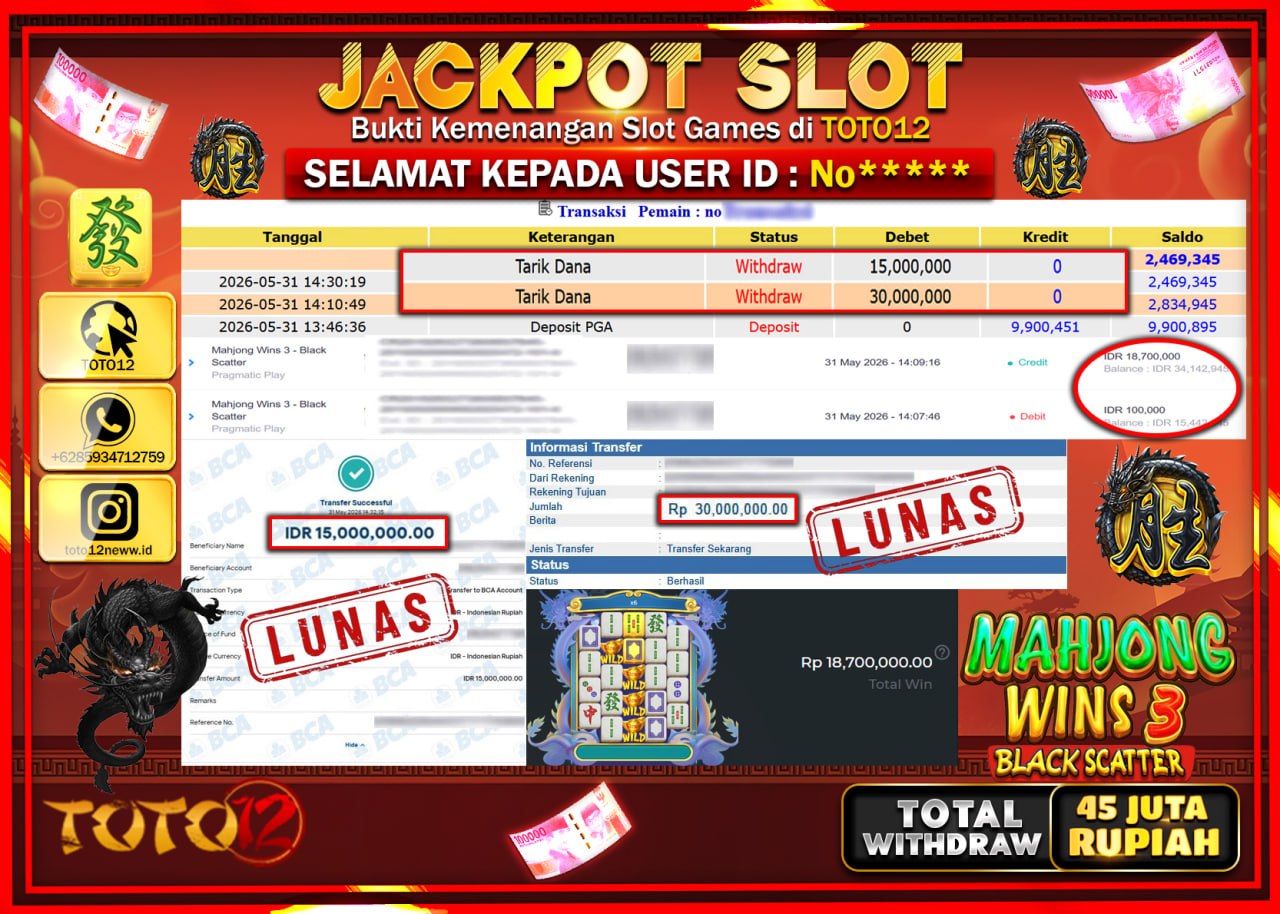 HANYA DI TOTO12 JP PASTI DI BAYAR LUNAS DAN CEPAT!!!!!! JACKPOT SLOT GAME (MAHJONG WINS 3 BLACK SCATTER) Rp45.000.000!!!!