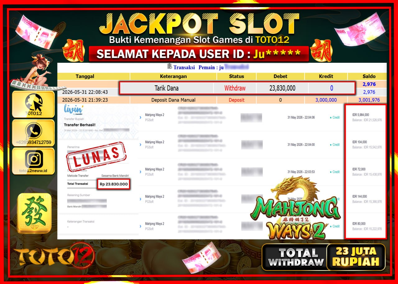 HANYA DI TOTO12 JP PASTI DI BAYAR LUNAS DAN CEPAT!!!!!! JACKPOT SLOT GAME (MAHJONG WAYS 2) Rp23.830.000!!!!