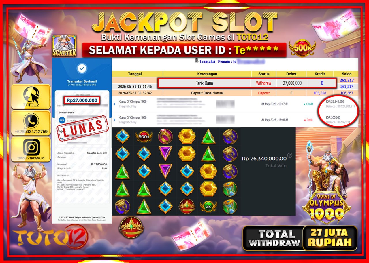 HANYA DI TOTO12 JP PASTI DI BAYAR LUNAS DAN CEPAT!!!!!! JACKPOT SLOT GAME (GATES OF OLYMPUS 1000) Rp27.000.000!!!!