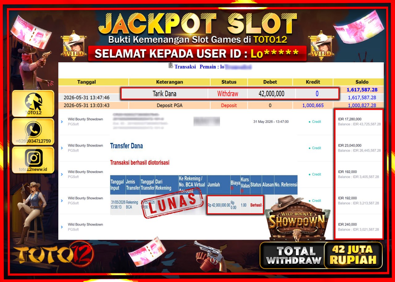HANYA DI TOTO12 JP PASTI DI BAYAR LUNAS DAN CEPAT!!!!!! JACKPOT SLOT GAME (WILD BOUNTY SHOWDOWN) Rp42.000.000!!!!