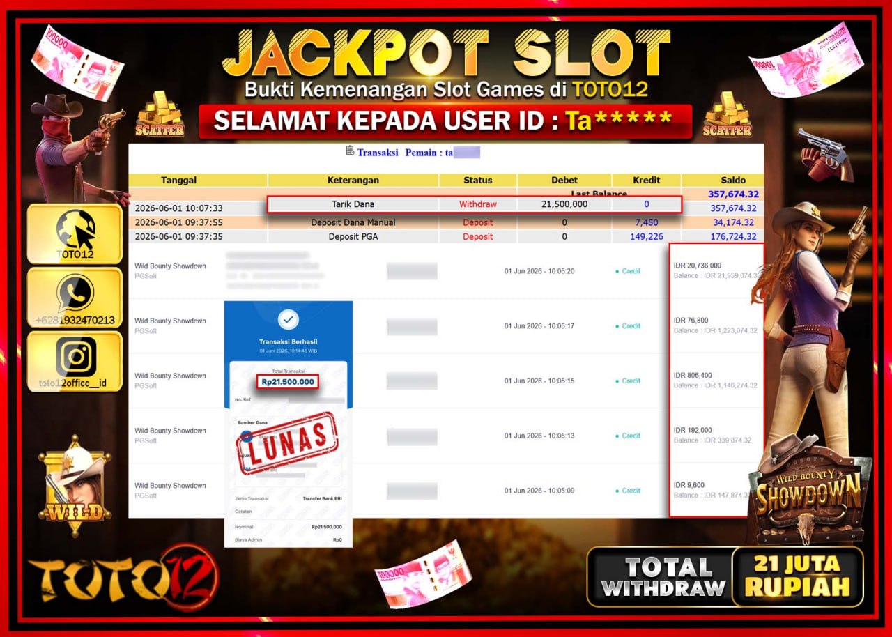 HANYA DI TOTO12 JP PASTI DI BAYAR LUNAS DAN CEPAT!!!!!! JACKPOT SLOT GAME (WILD BOUNTY SHOWDOWN) Rp21.500.000!!!!