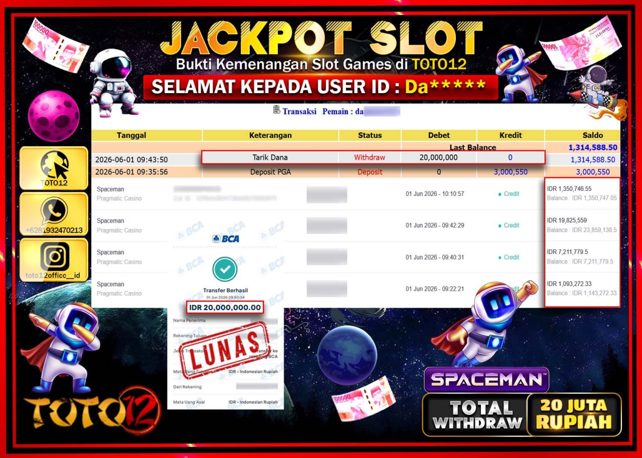 HANYA DI TOTO12 JP PASTI DI BAYAR LUNAS DAN CEPAT!!!!!! JACKPOT SLOT GAME (SPACEMAN) Rp20.000.000!!!!