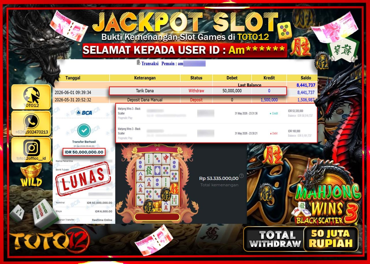 HANYA DI TOTO12 JP PASTI DI BAYAR LUNAS DAN CEPAT!!!!!! JACKPOT SLOT GAME (MAHJONG WINS 3 BLACK SCATTER) Rp50.000.000!!!!