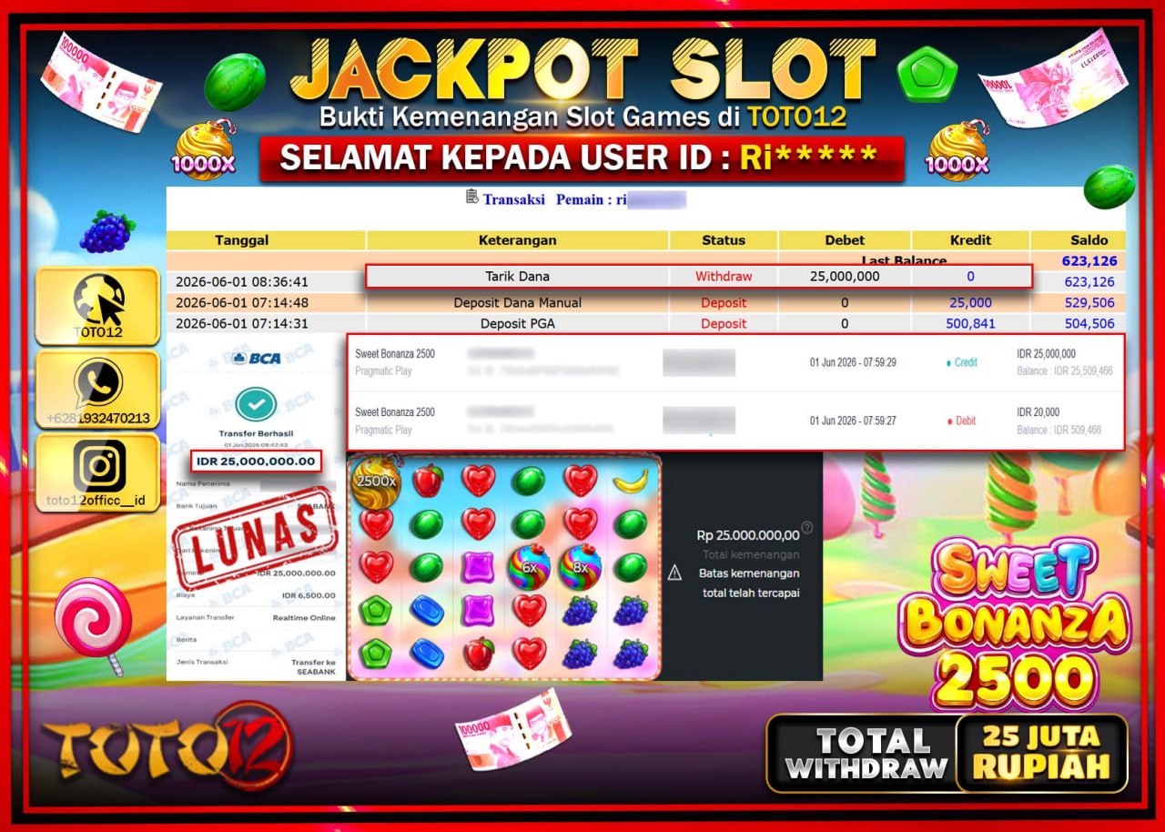 HANYA DI TOTO12 JP PASTI DI BAYAR LUNAS DAN CEPAT!!!!!! JACKPOT SLOT GAME (SWEET BONANZA 2500) Rp25.000.000!!!!