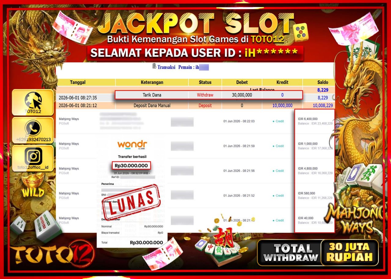 HANYA DI TOTO12 JP PASTI DI BAYAR LUNAS DAN CEPAT!!!!!! JACKPOT SLOT GAME (MAHJONG WAYS) Rp30.000.000!!!!