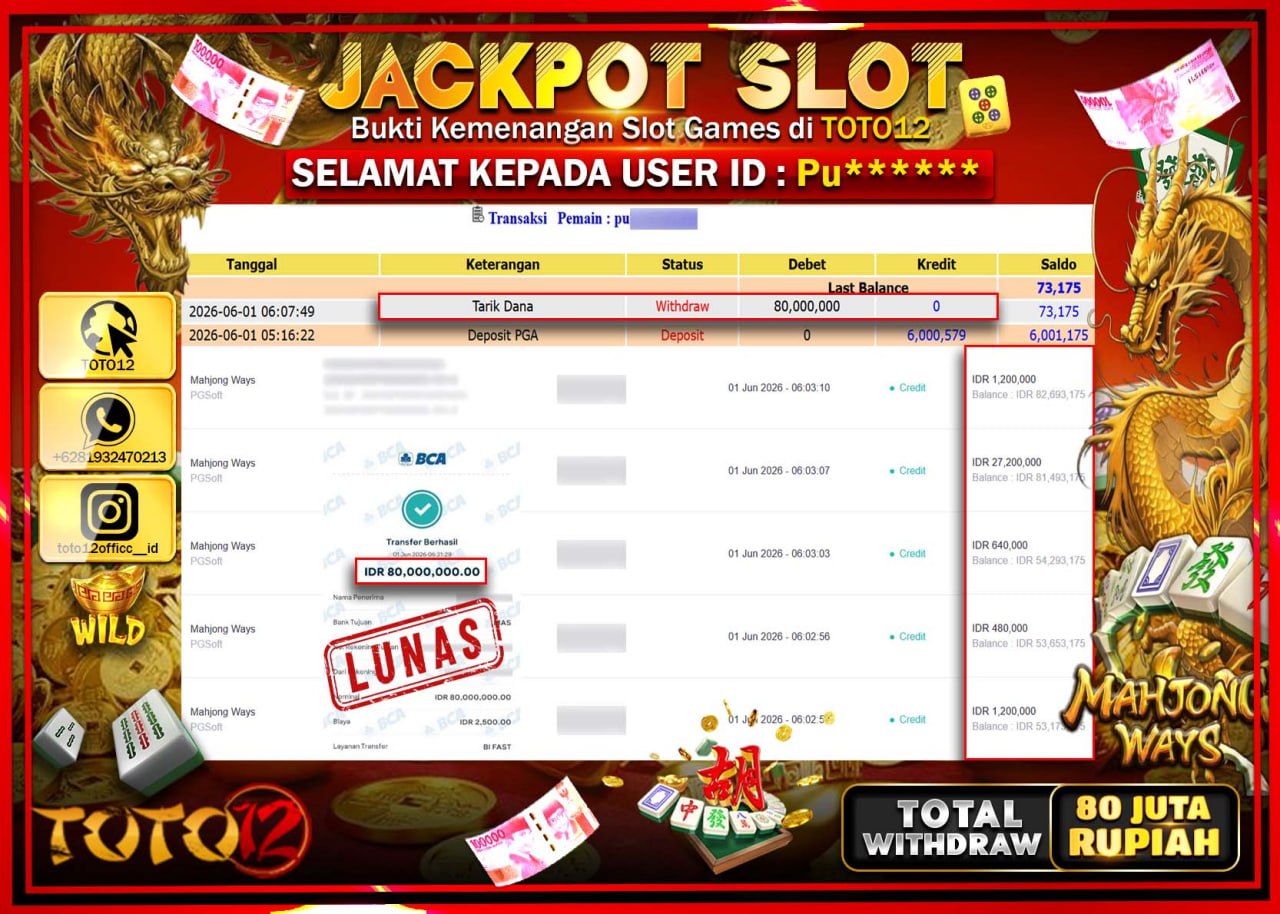 HANYA DI TOTO12 JP PASTI DI BAYAR LUNAS DAN CEPAT!!!!!! JACKPOT SLOT GAME (MAHJONG WAYS) Rp80.000.000!!!!