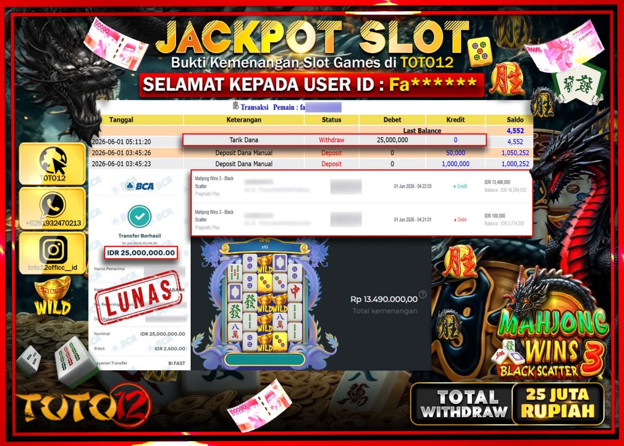 HANYA DI TOTO12 JP PASTI DI BAYAR LUNAS DAN CEPAT!!!!!! JACKPOT SLOT GAME (MAHJONG WINS 3 BLACK SCATTER) Rp25.600.000!!!!