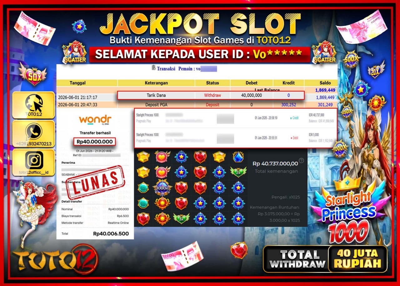 HANYA DI TOTO12 JP PASTI DI BAYAR LUNAS DAN CEPAT!!!!!! JACKPOT SLOT GAME (STARLIGHT PRINCESS 1000) Rp40.000.000!!!!