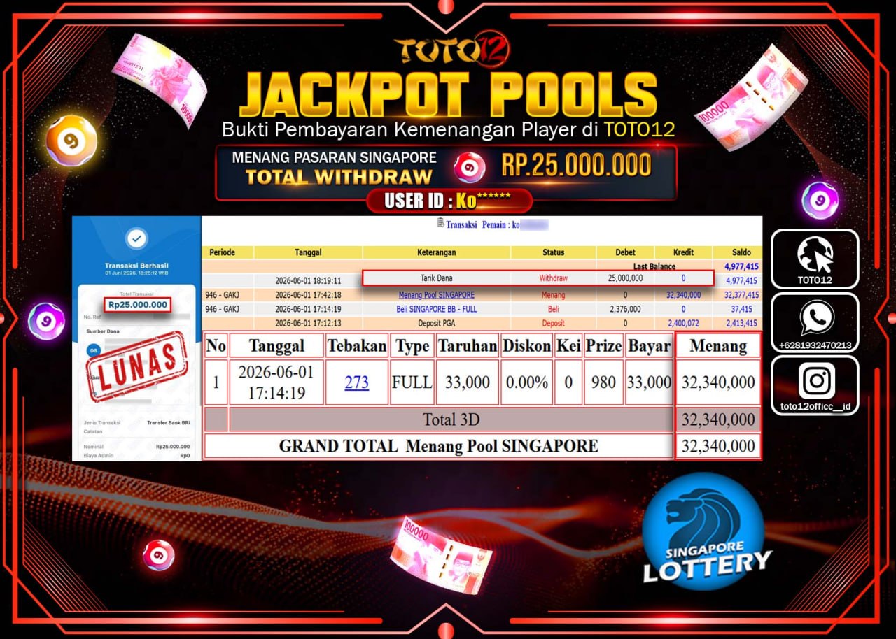 HANYA DI TOTO12 JP PASTI DI BAYAR LUNAS DAN CEPAT!!!!!! JACKPOT POOLS PASARAN (SINGAPORE) Rp25.000.000!!!!