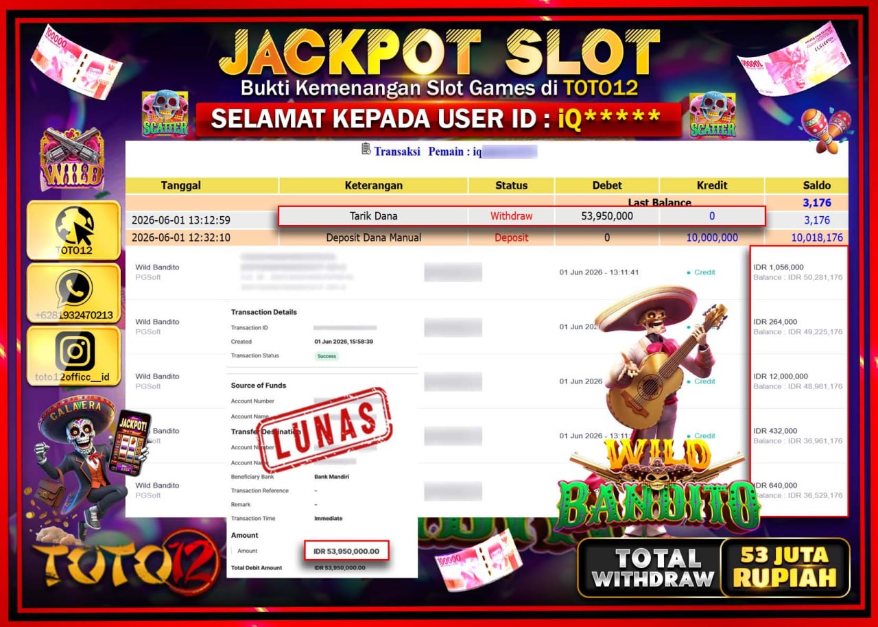 HANYA DI TOTO12 JP PASTI DI BAYAR LUNAS DAN CEPAT!!!!!! JACKPOT SLOT GAME (WILD BANDITO) Rp53.950.000!!!!