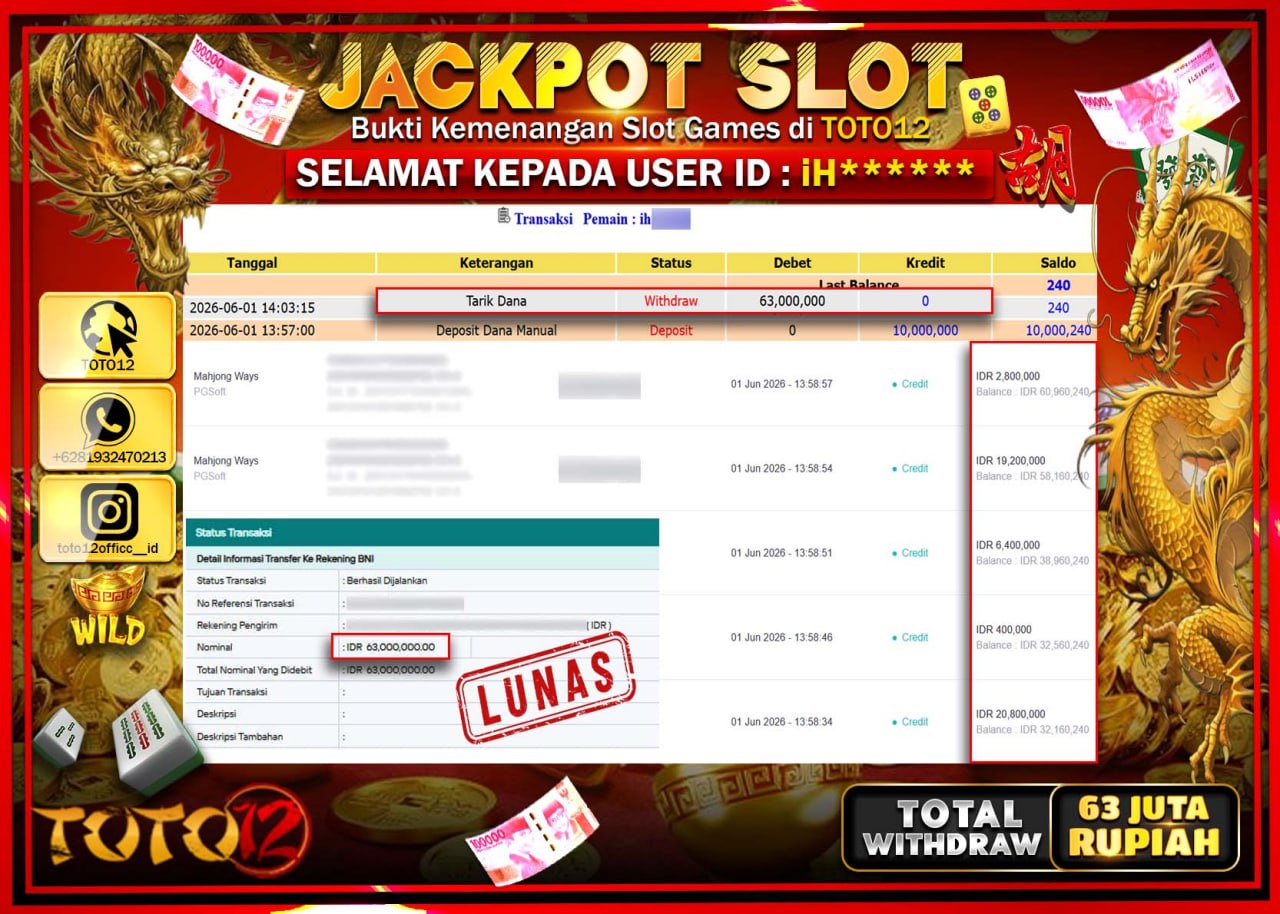 HANYA DI TOTO12 JP PASTI DI BAYAR LUNAS DAN CEPAT!!!!!! JACKPOT SLOT GAME (MAHJONG WAYS) Rp63.000.000!!!!
