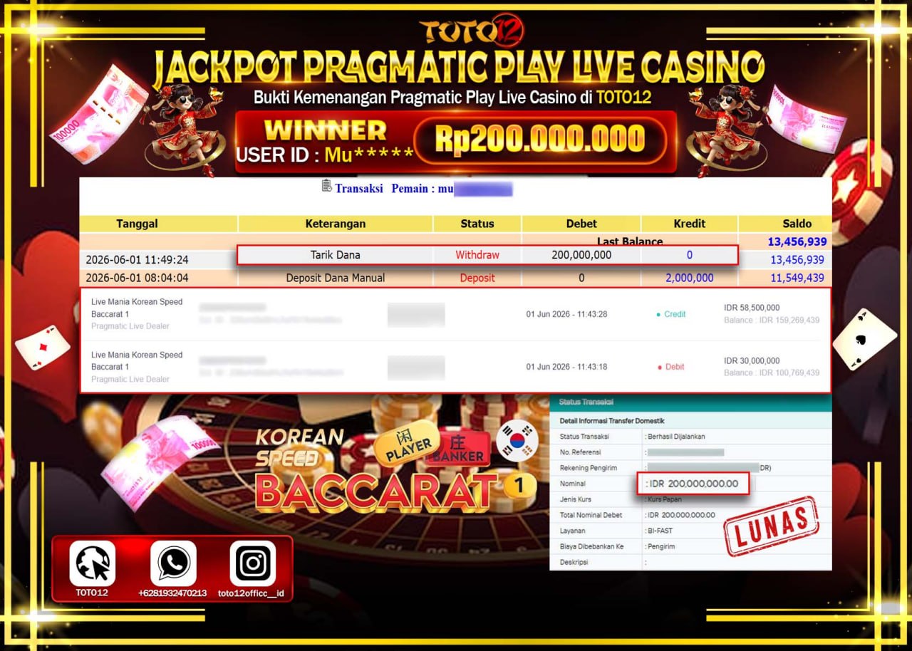 HANYA DI TOTO12 JP PASTI DI BAYAR LUNAS DAN CEPAT!!!!!! JACKPOT PRAGMATIC PLAY LIVE GAME CASINO (LIVE MANIA KOREAN SPEED BACCARAT 1) Rp200.000.000!!!!
