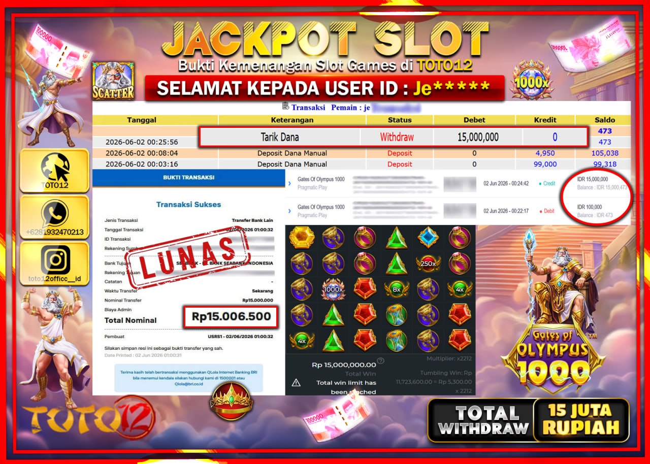 HANYA DI TOTO12 JP PASTI DI BAYAR LUNAS DAN CEPAT!!!!!! JACKPOT SLOT GAME (GATES OF OLYMPUS 1000) Rp15.000.000!!!!