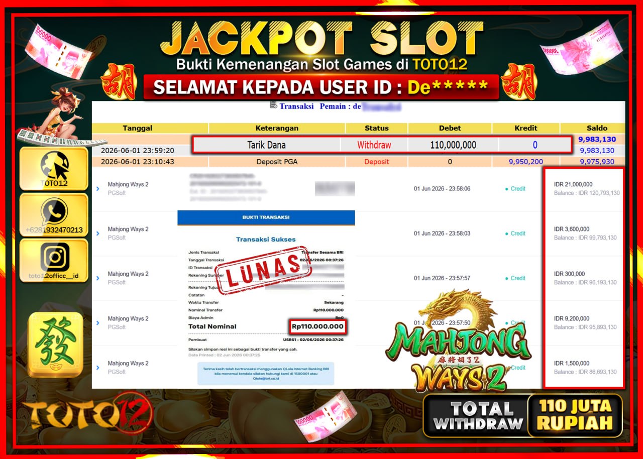 HANYA DI TOTO12 JP PASTI DI BAYAR LUNAS DAN CEPAT!!!!!! JACKPOT SLOT GAME (MAHJONG WAYS 2) Rp110.000.000!!!!