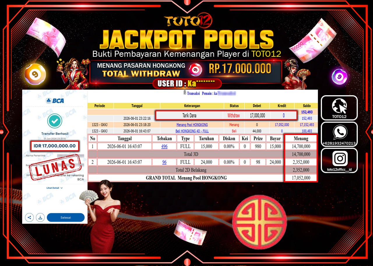 HANYA DI TOTO12 JP PASTI DI BAYAR LUNAS DAN CEPAT!!!!!! JACKPOT POOLS PASARAN (HONGKONG) Rp17.000.000!!!!