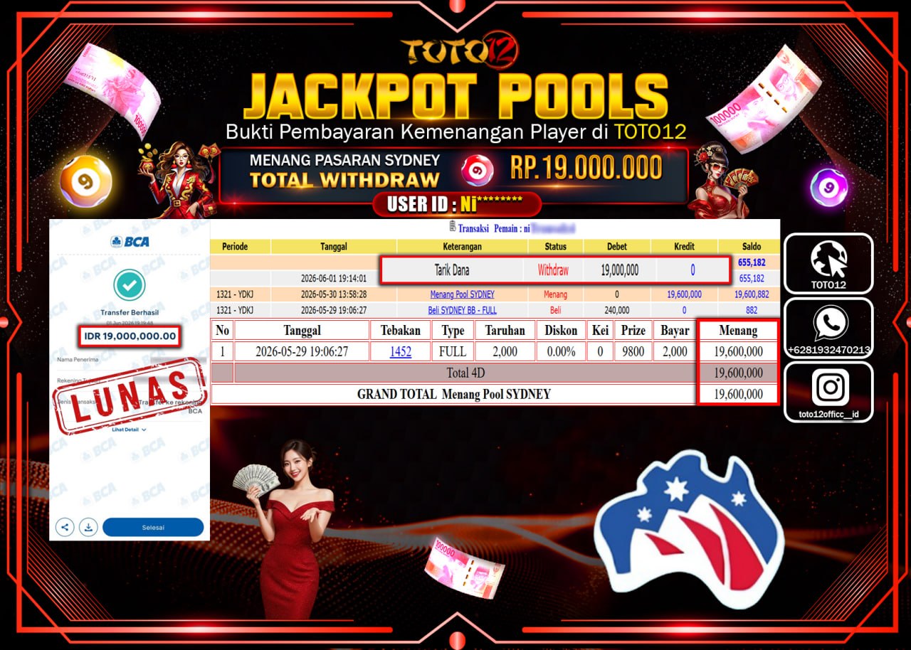 HANYA DI TOTO12 JP PASTI DI BAYAR LUNAS DAN CEPAT!!!!!! JACKPOT POOLS PASARAN (SYDNEY) Rp19.000.000!!!!