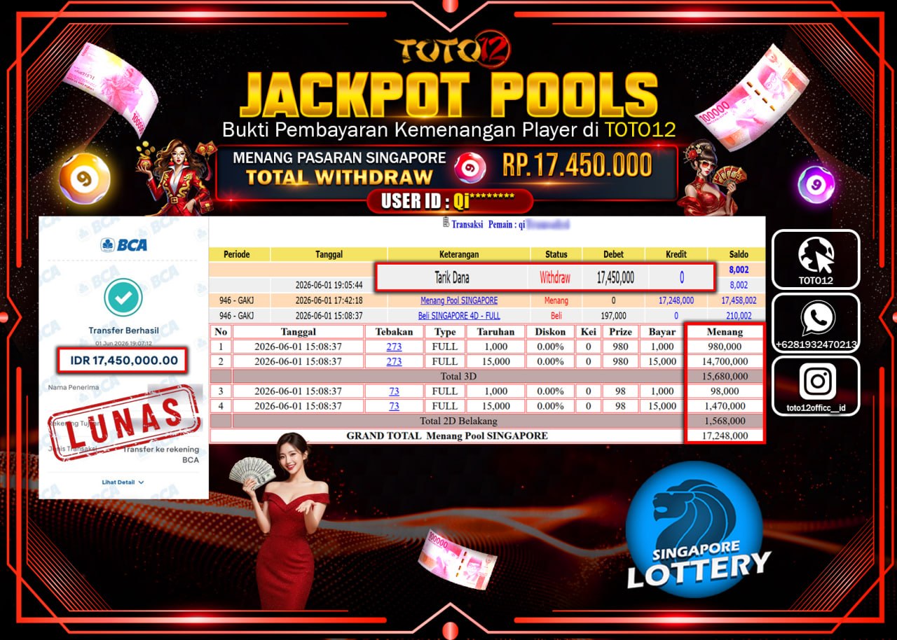 HANYA DI TOTO12 JP PASTI DI BAYAR LUNAS DAN CEPAT!!!!!! JACKPOT POOLS PASARAN (SINGAPORE) Rp17.450.000!!!!