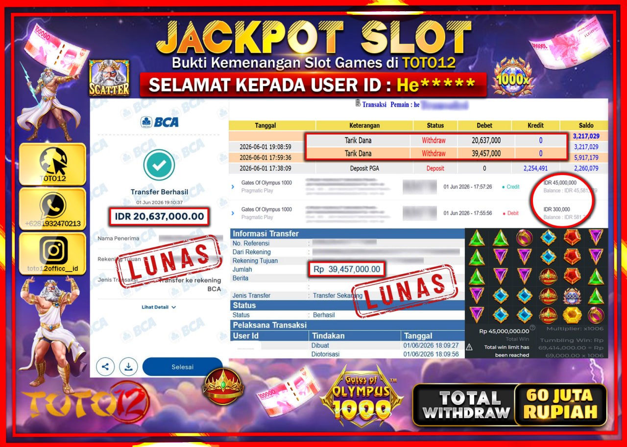 HANYA DI TOTO12 JP PASTI DI BAYAR LUNAS DAN CEPAT!!!!!! JACKPOT SLOT GAME (GATES OF OLYMPUS 1000) Rp60.094.000!!!!