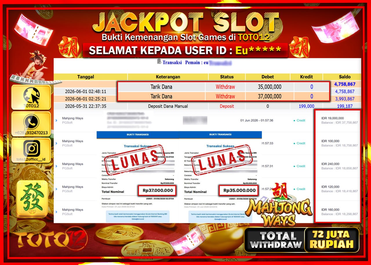 HANYA DI TOTO12 JP PASTI DI BAYAR LUNAS DAN CEPAT!!!!!! JACKPOT SLOT GAME (MAHJONG WAYS) Rp72.000.000!!!!