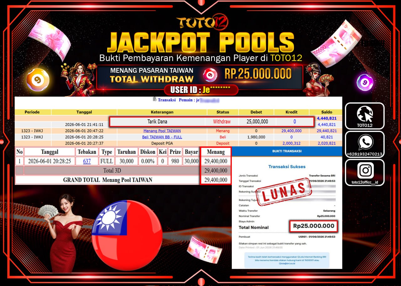 HANYA DI TOTO12 JP PASTI DI BAYAR LUNAS DAN CEPAT!!!!!! JACKPOT POOLS PASARAN (TAIWAN) Rp25.000.000!!!!