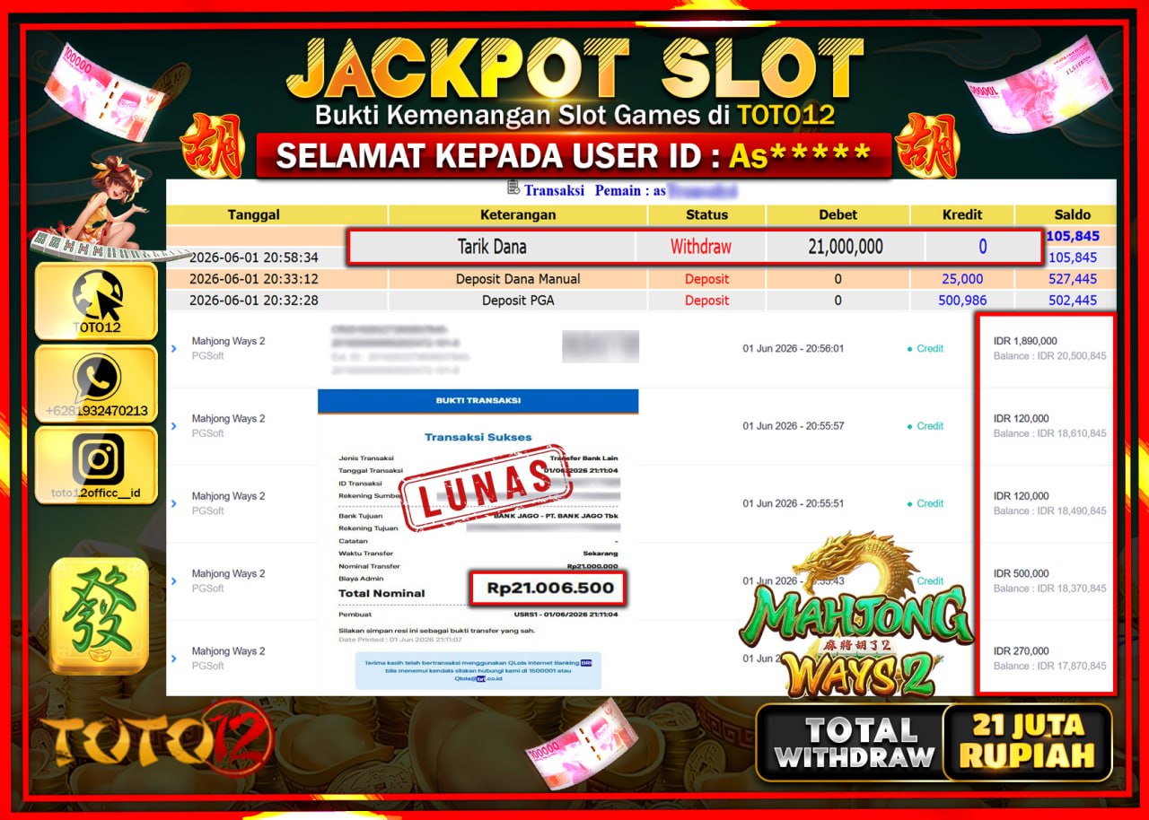 HANYA DI TOTO12 JP PASTI DI BAYAR LUNAS DAN CEPAT!!!!!! JACKPOT SLOT GAME (MAHJONG WAYS 2) Rp21.000.000!!!!