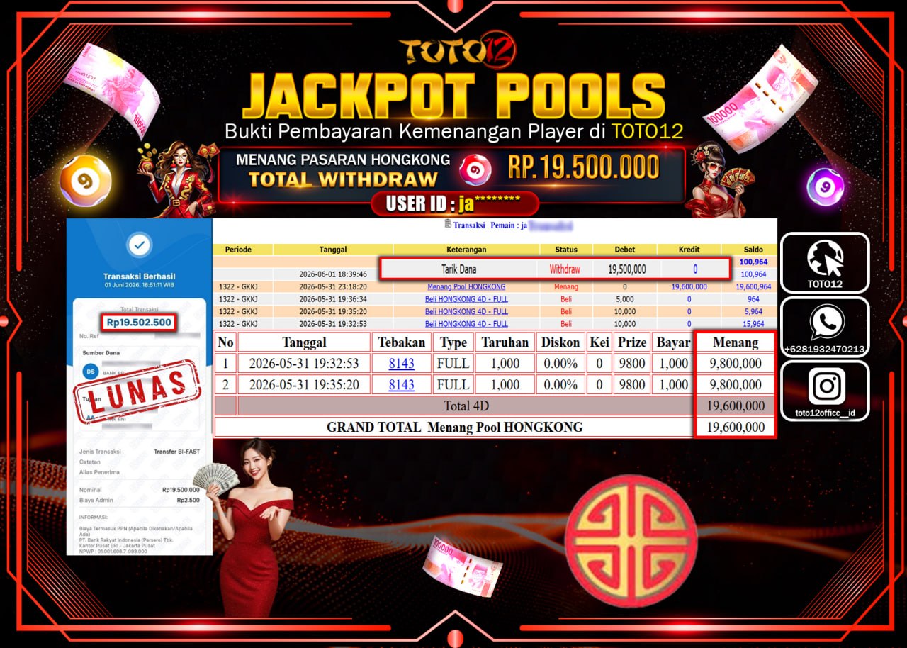 HANYA DI TOTO12 JP PASTI DI BAYAR LUNAS DAN CEPAT!!!!!! JACKPOT POOLS PASARAN (HONGKONG) Rp19.500.000!!!!