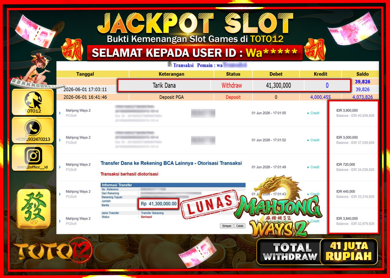 HANYA DI TOTO12 JP PASTI DI BAYAR LUNAS DAN CEPAT!!!!!! JACKPOT SLOT GAME (MAHJONG WAYS 2) Rp41.300.000!!!!