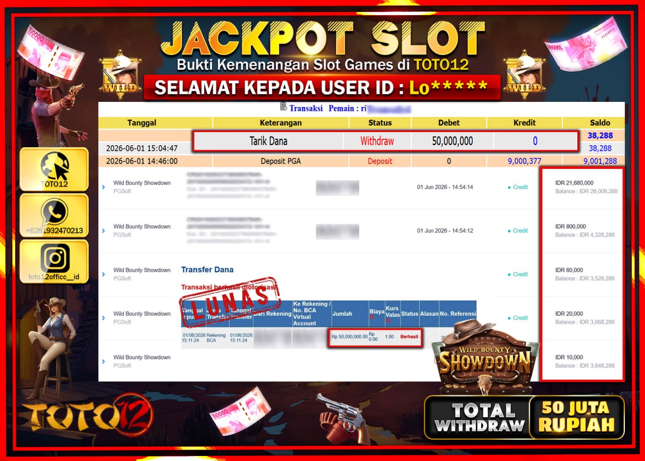 HANYA DI TOTO12 JP PASTI DI BAYAR LUNAS DAN CEPAT!!!!!! JACKPOT SLOT GAME (WILD BOUNTY SHOWDOWN) Rp50.000.000!!!!