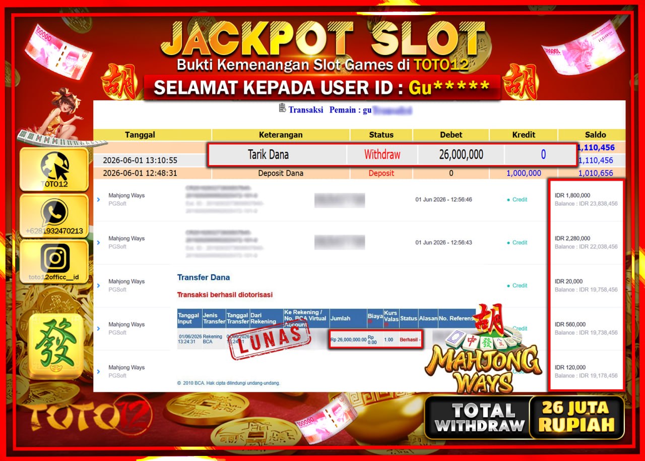 HANYA DI TOTO12 JP PASTI DI BAYAR LUNAS DAN CEPAT!!!!!! JACKPOT SLOT GAME (MAHJONG WAYS) Rp26.000.000!!!!