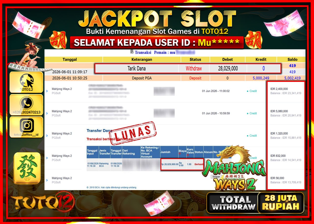 HANYA DI TOTO12 JP PASTI DI BAYAR LUNAS DAN CEPAT!!!!!! JACKPOT SLOT GAME (MAHJONG WAYS 2) Rp28.029.000!!!!