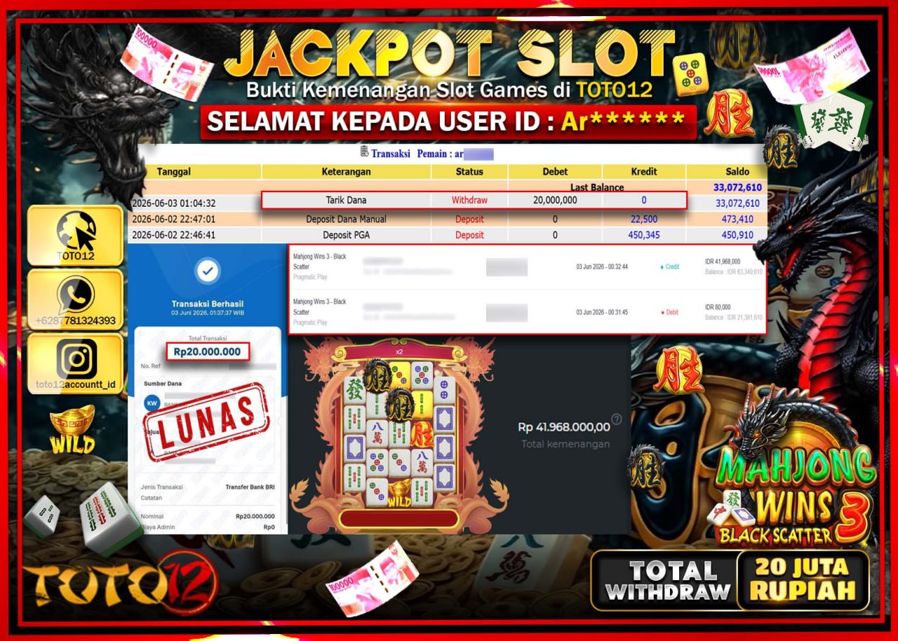 HANYA DI TOTO12 JP PASTI DI BAYAR LUNAS DAN CEPAT!!!!!! JACKPOT SLOT GAME (MAHJONG WINS 3 BLACK SCATTER) Rp20.000.000!!!!