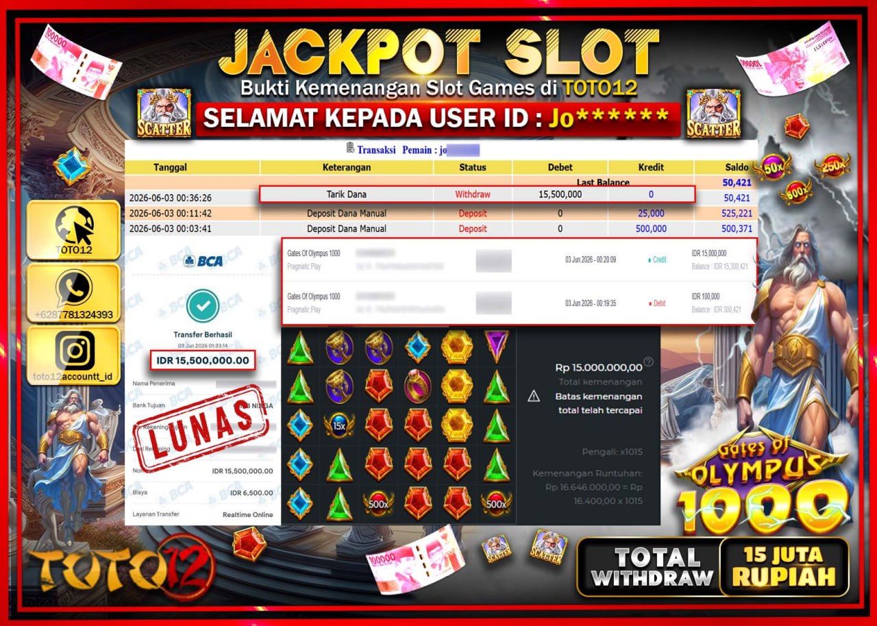 HANYA DI TOTO12 JP PASTI DI BAYAR LUNAS DAN CEPAT!!!!!! JACKPOT SLOT GAME (GATES OF OLYMPUS 1000) Rp15.500.000!!!!