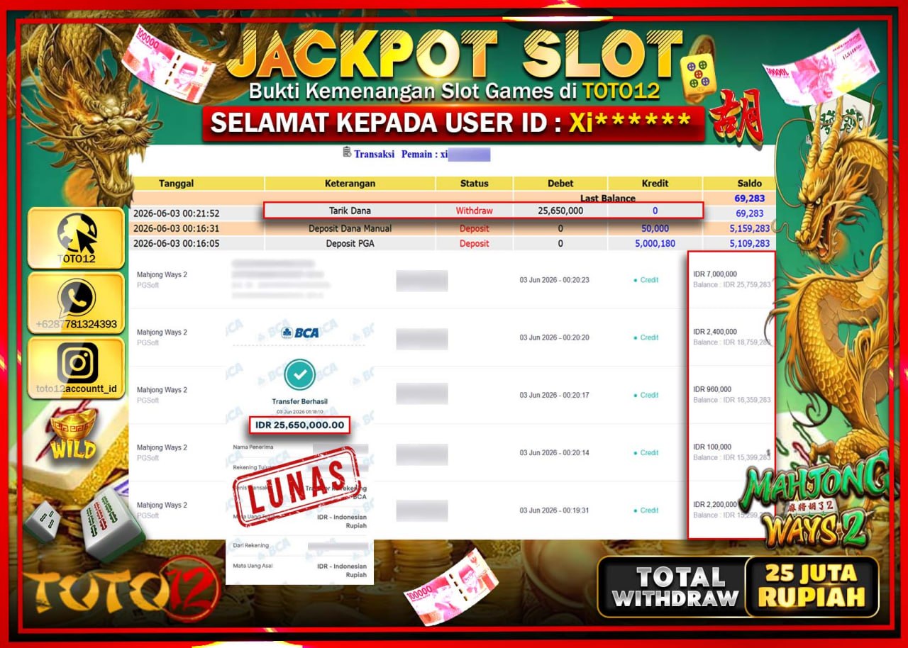 HANYA DI TOTO12 JP PASTI DI BAYAR LUNAS DAN CEPAT!!!!!! JACKPOT SLOT GAME (MAHJONG WAYS 2) Rp25.650.000!!!!