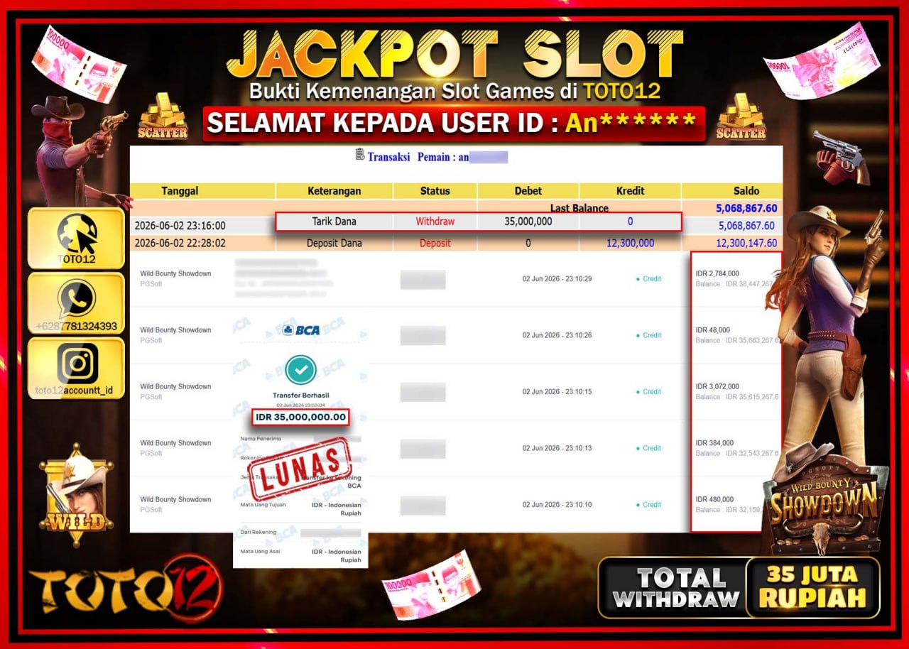 HANYA DI TOTO12 JP PASTI DI BAYAR LUNAS DAN CEPAT!!!!!! JACKPOT SLOT GAME (WILD BOUNTY SHOWDOWN) Rp35.000.000!!!!