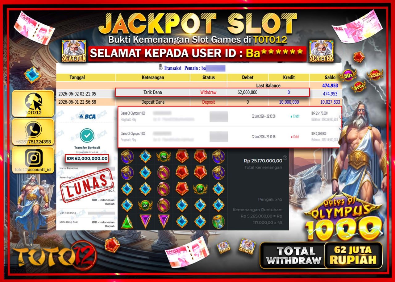 HANYA DI TOTO12 JP PASTI DI BAYAR LUNAS DAN CEPAT!!!!!! JACKPOT SLOT GAME (GATES OF OLYMPUS 1000) Rp62.000.000!!!!