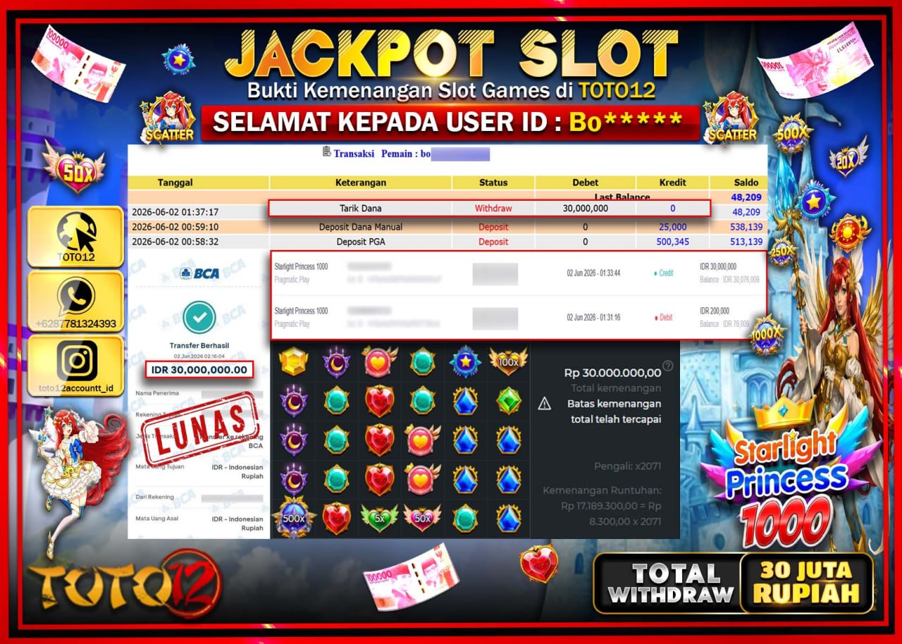 HANYA DI TOTO12 JP PASTI DI BAYAR LUNAS DAN CEPAT!!!!!! JACKPOT SLOT GAME (STARLIGHT PRINCESS 1000) Rp30.000.000!!!!